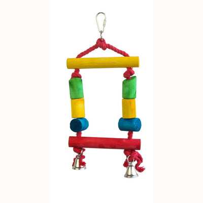 Altalena per uccelli in legno di pioppo e corda cotone colorata con campanelle, 13 × 25 cm