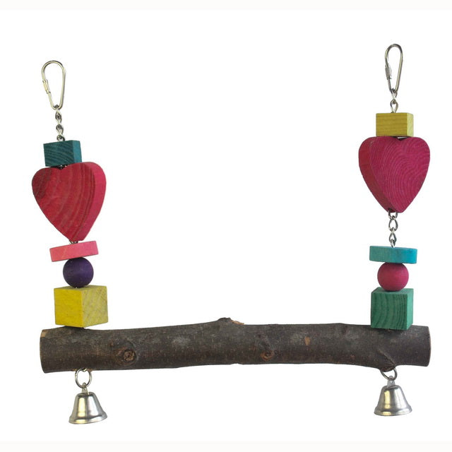 Altalena in legno a forma di cuore con campanelle per uccelli, dimensioni 30 x 27 cm