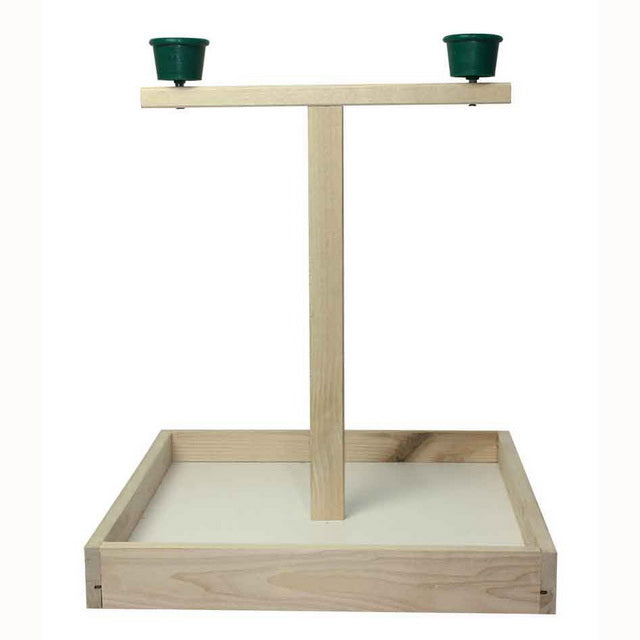 Trespolo per uccelli in legno con ciotole integrate, dimensioni 35x35x38 cm