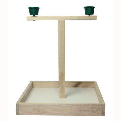 Trespolo per uccelli in legno con ciotole integrate, dimensioni 35x35x38 cm