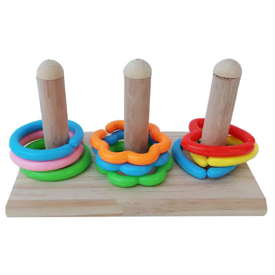 Gioco educativo per uccelli con anello mix forme, base in legno naturale, 10 × 18 cm
