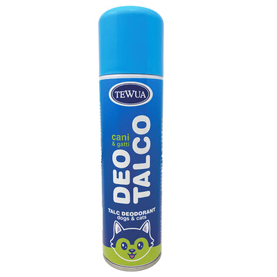 Deodorante talco spray per cani in aerosol con propellente a bassa pressione, ideale per manto e ambienti