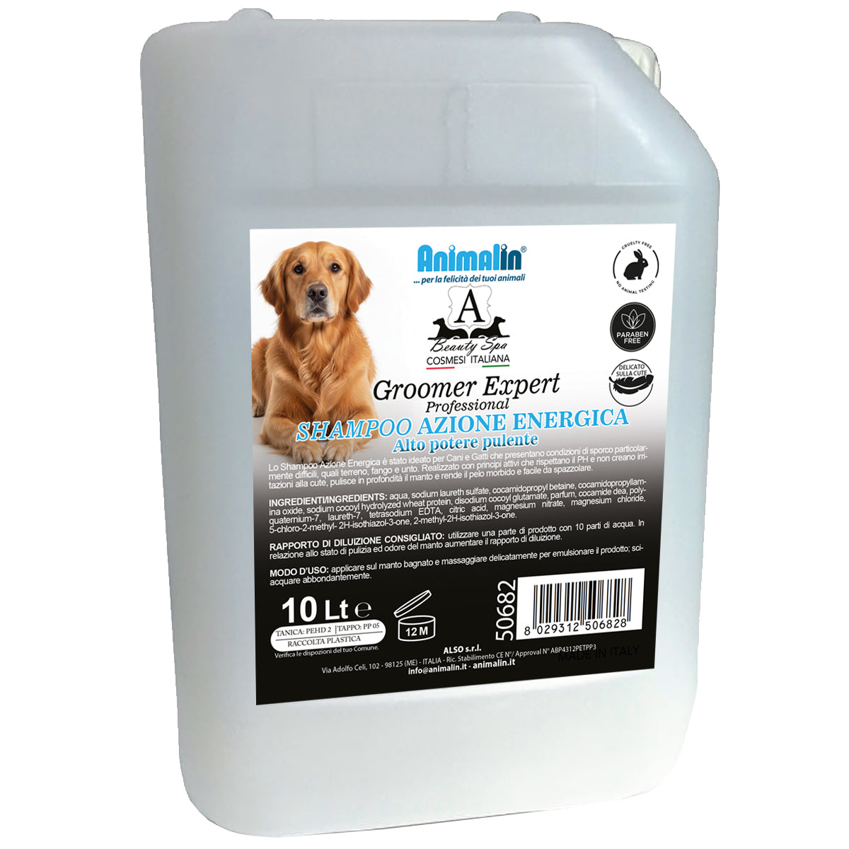 Tanica da 10 litri di shampoo professionale concentrato per cani e gatti con azione detergente energica