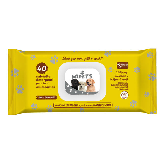 Salviette detergenti con olio di Neem e citronella per cani e gatti, confezione da 40 pezzi formato 30x20 cm