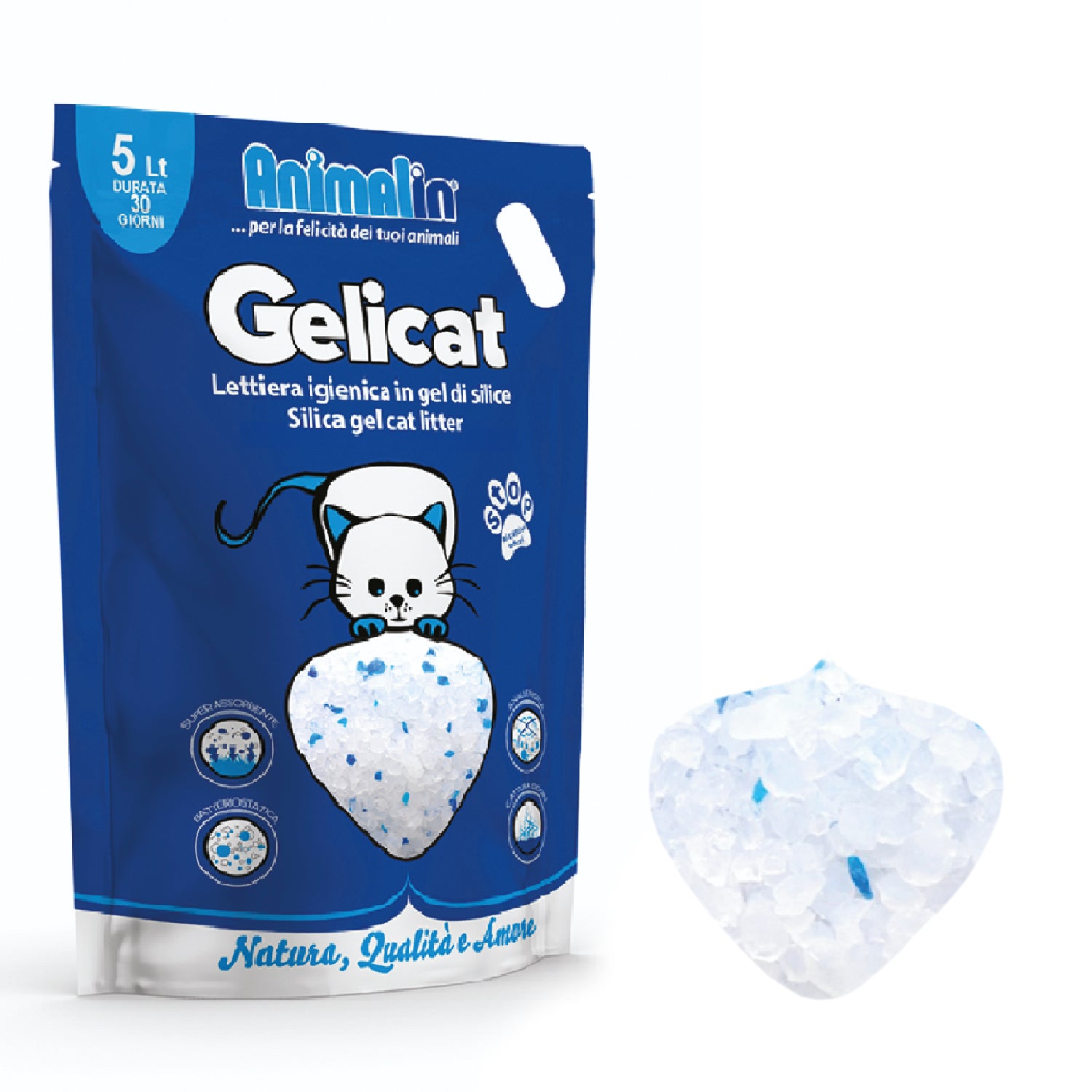 Lettiera per gatti in silicio Gelicat blu, granuli non polverosi anallergici e antibatterici