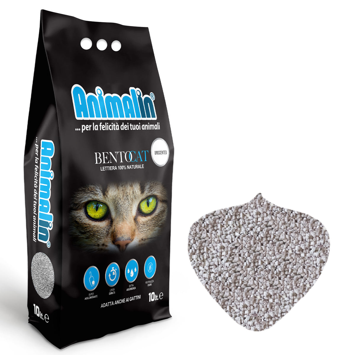 Lettiera bentonite Bentocat Naturale agglomerante per gatti, bianca con granuli colorati