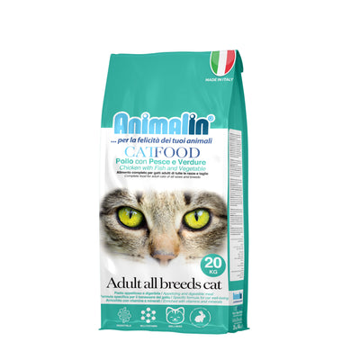 Mangime secco Animalin Cat Food per gatti adulti con pollo, pesce e verdure, sacco da 20 kg