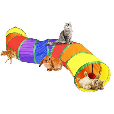 Gioco tunnel a S per gatti e piccoli animali, poliestere colorato arcobaleno con pallina sonaglio, 123 x 25 cm
