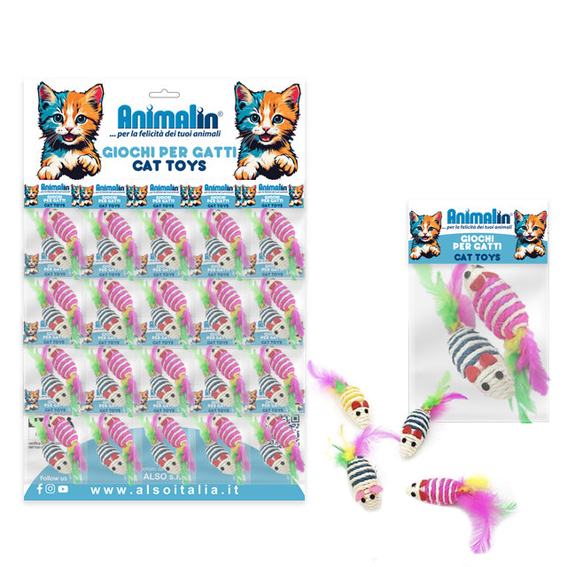 Gioco topino sisal con piume per gatti, set da 2 pezzi, 7 cm x 3 cm