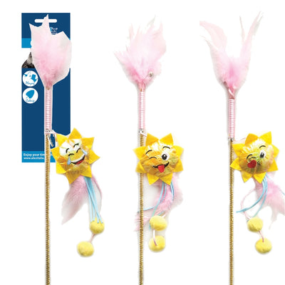Gioco canna emoticon per gatti con piume e catnip mix color, lunghezza 55 cm