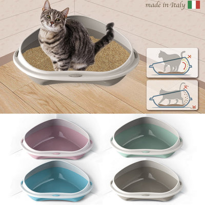 Lettiera angolare per gatti con bordi alti, design compatto per angoli