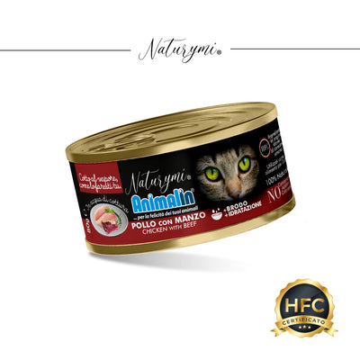 Alimento umido per gatti adulti NATURYMI HFC con pollo e manzo in acqua di cottura, confezione 80 g