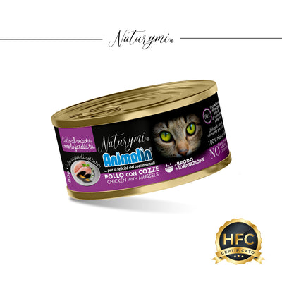 Alimento complementare per gatti Naturymi HFC pollo con cozze in acqua di cottura 80 g