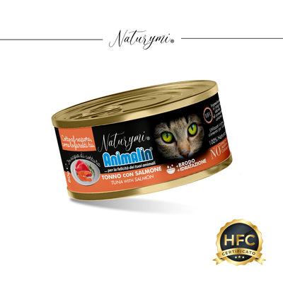 Tonno con salmone in acqua di cottura per gatti adulti, lattina 80 g