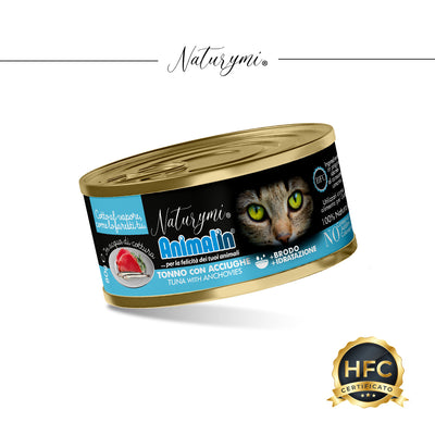 Cibo umido per gatti Naturymi HFC tonno e acciughe in acqua di cottura 80g