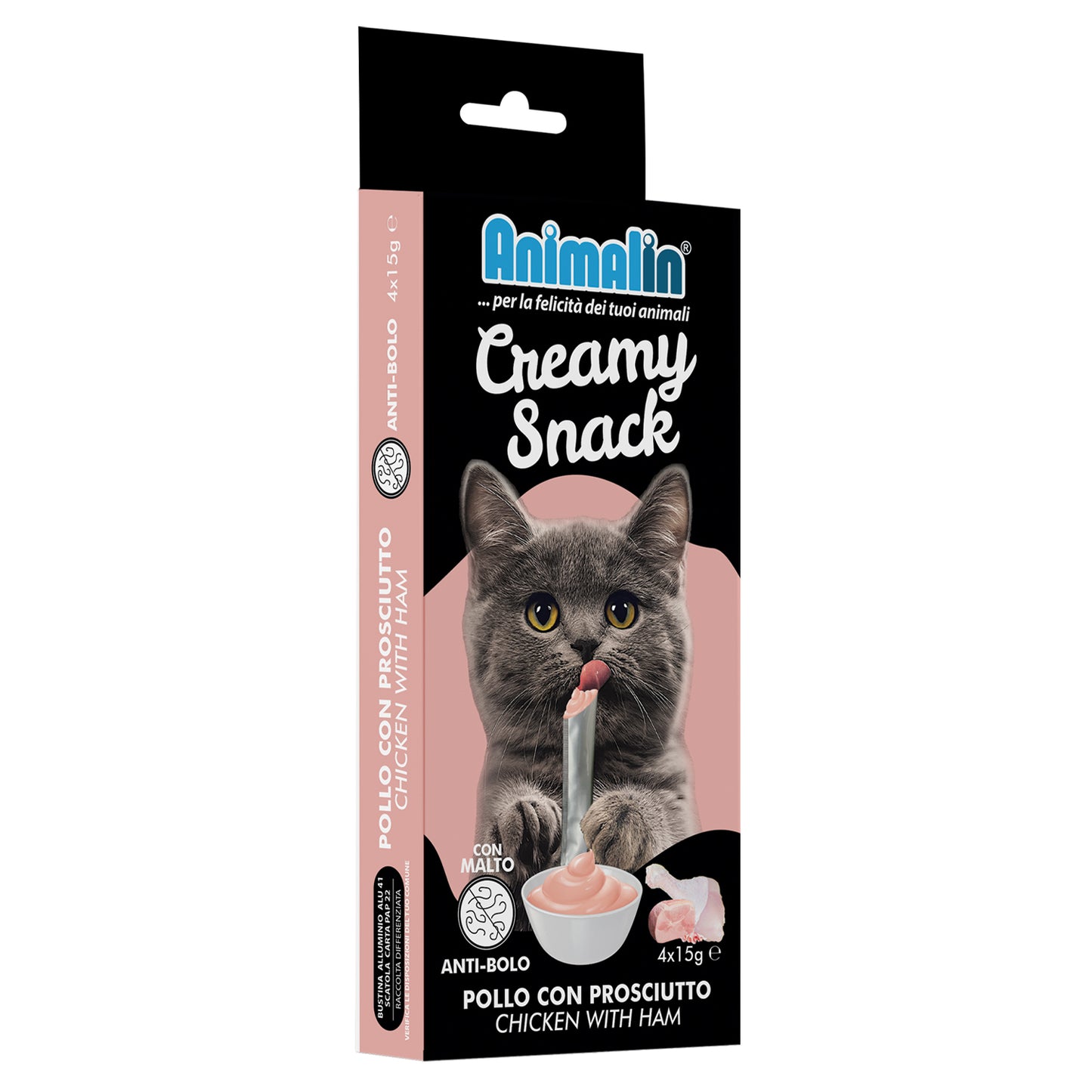 Snack cremoso per gatti Pollo e Prosciutto Anti-Hairball, 4 bustine da 15 g