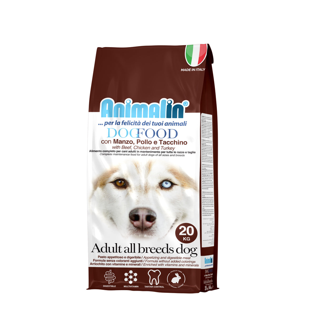 Mangime completo per cani adulti Animalin con manzo, pollo e tacchino, sacco da 20 kg