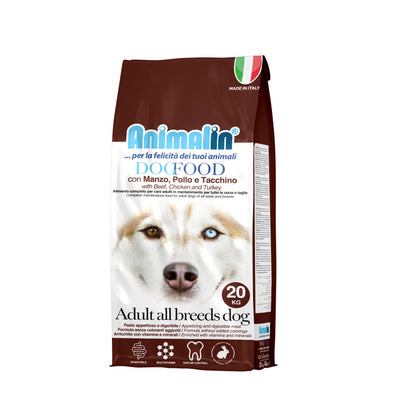 Mangime completo per cani adulti Animalin con manzo, pollo e tacchino, sacco da 20 kg
