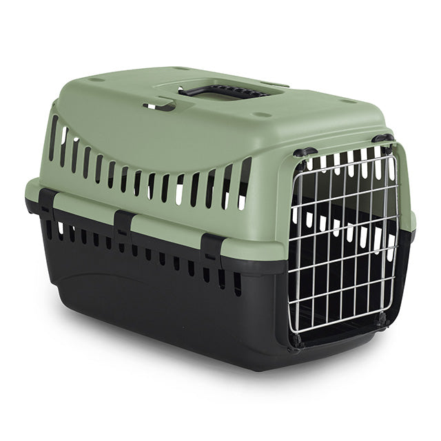 Trasportino per cani e gatti con porta in metallo colore salvia, design compatto e leggero