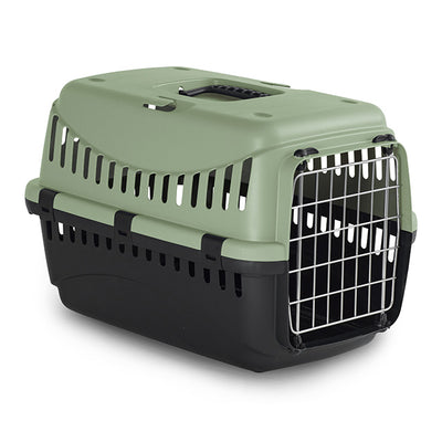 Trasportino per cani e gatti con porta in metallo colore salvia, design compatto e leggero