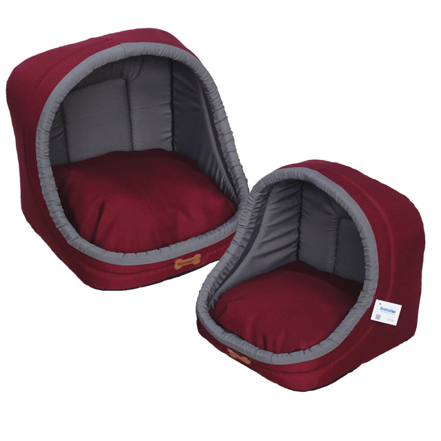 Cuccia igloo morbida per cani e gatti, colore rosso vino, design a igloo protettivo