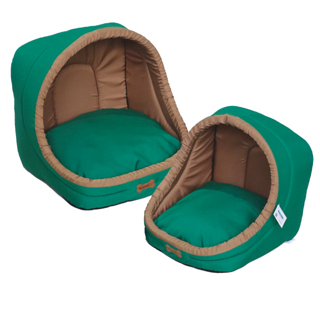 Cuccia igloo per cani e gatti in verde bosco con design protettivo e interno morbido