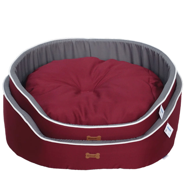 Cuccia rosso vino con cuscino imbottito per cani e gatti, design moderno e accogliente