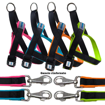 Parure pettorina nylon sport per cani in colori mix fluo con guinzaglio coordinato e moschettone resistente