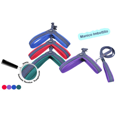 Parure tecnica jeans pettorina per cani con guinzaglio coordinato, manico imbottito in tessuto tecnico