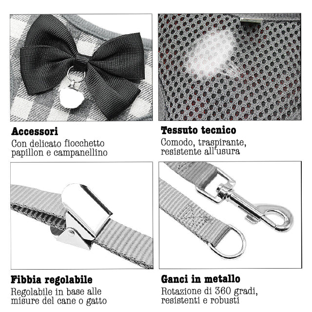 Parure pettorina quadrettato con papillon e campanellino per cani e gatti, con guinzaglio coordinato