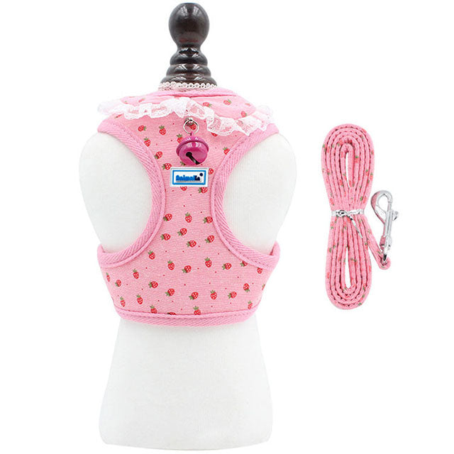 Parure pettorina fragolina con campanello e guinzaglio coordinato per cani e gatti, design tenero con colletto decorativo