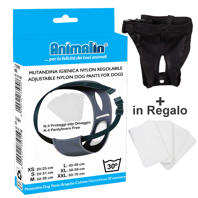 Mutandina igienica per cani in nylon con 4 salvaslip assorbenti, regolabile per diverse taglie