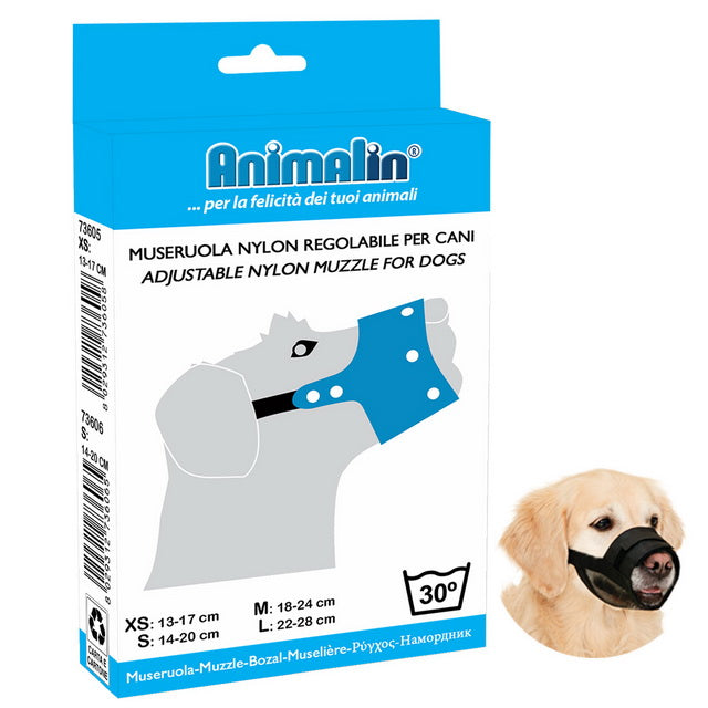 Museruola in nylon regolabile per cani con chiusura a strappo, design comodo e sicuro
