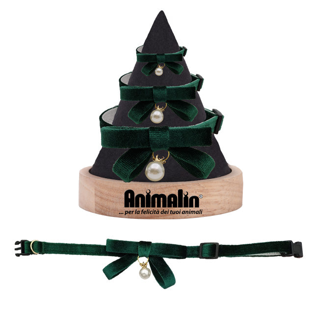Collare gioiello in velluto verde per cani con ciondolo perla e cofanetto regalo Animalin