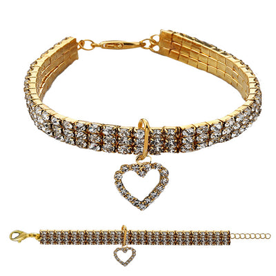 Collare gioiello strass cuore oro per cani con ciondolo decorativo e catena estensibile