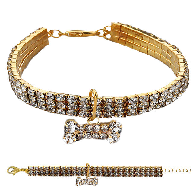 Collare gioiello strass osso oro per cani con ciondolo brillante e catena estensibile