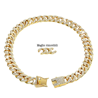 Collare gioiello catena diamante oro per cani con strass scintillanti e maglie rimovibili