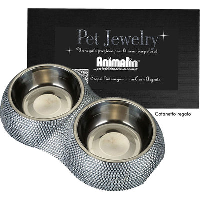 Ciotola doppia gioiello in acciaio inossidabile con strass per cani e gatti, 26x13,5x4,5 cm