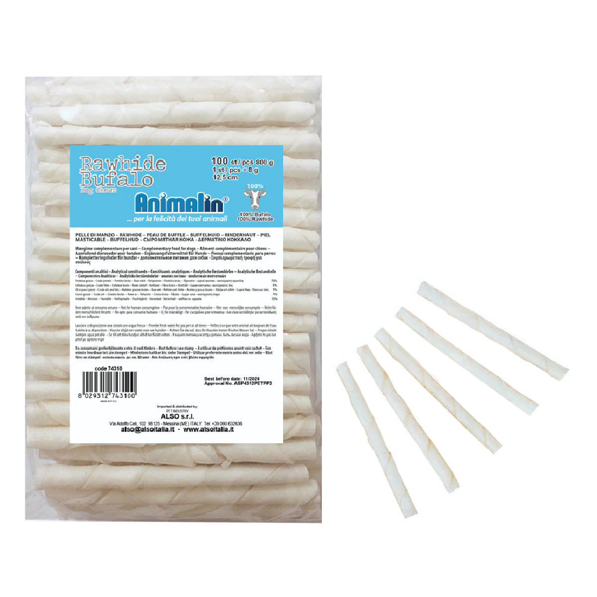 Osso bianco stick masticabile per cani, 12,5 cm x 9-10 mm, confezione da 100 pezzi