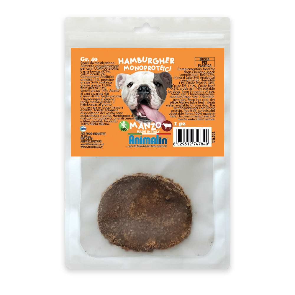 Hamburger di manzo monoproteico per cani, 40 g, snack proteico naturale