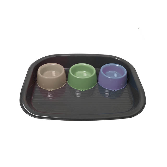 Vassoio antisporco trio per cani e gatti con tre ciotole incastrate, 52x41x9 cm