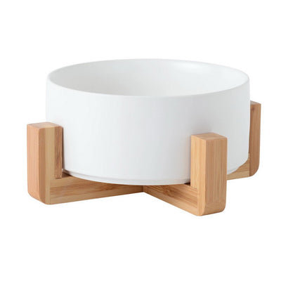 Ciotola in ceramica bianca con supporto in legno naturale per cani e gatti