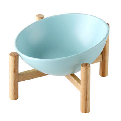 Ciotola ceramica tonda con supporto in legno per cani e gatti, design moderno con colori pastello