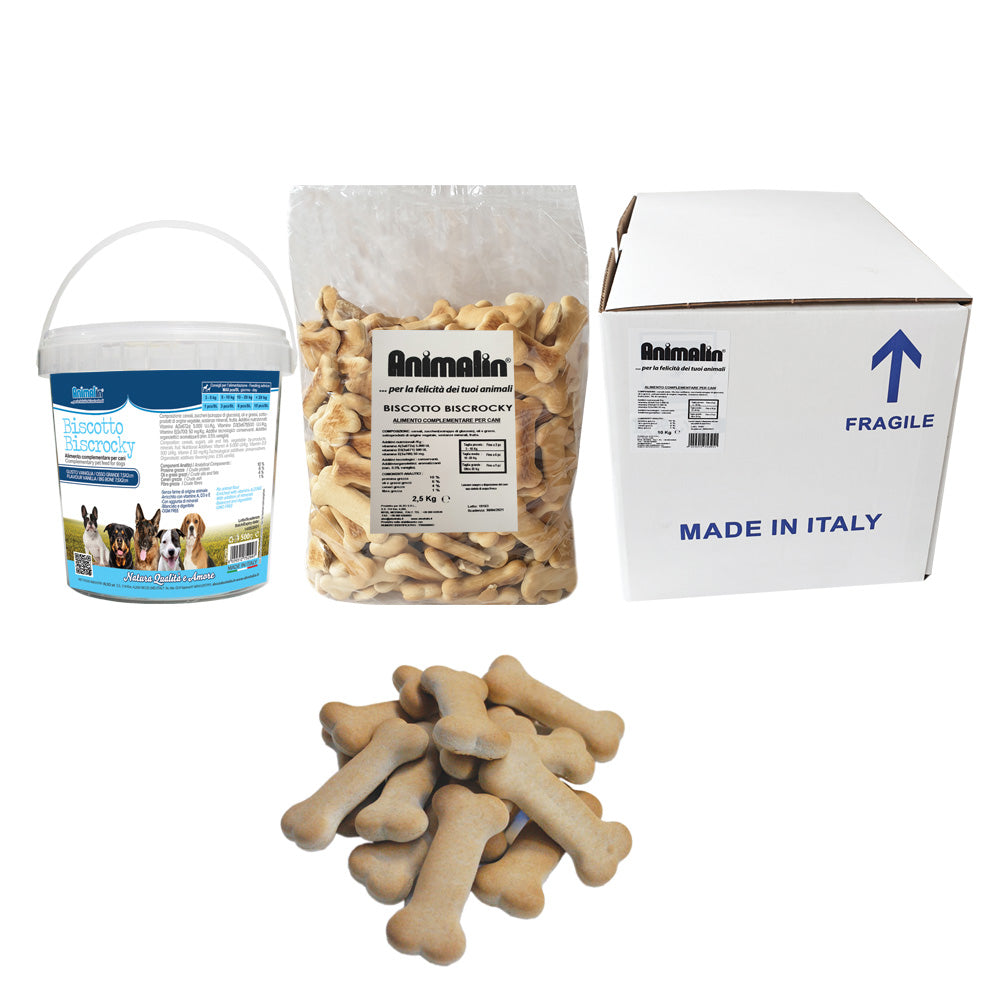 Biscotto per cani Biscrocky gusto vaniglia a forma di osso, snack italiano
