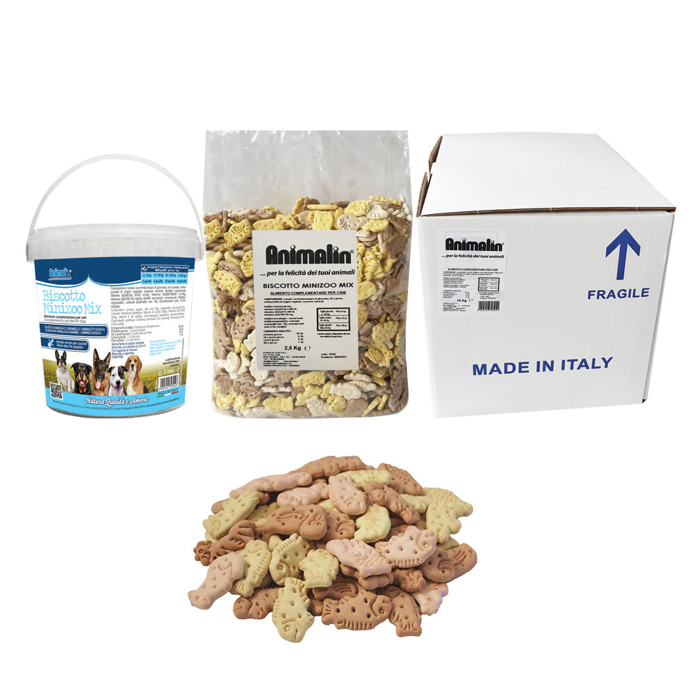 Biscotto per cani vaniglia e caramello Minizoo Mix a forma di animaletti, snack naturale italiano