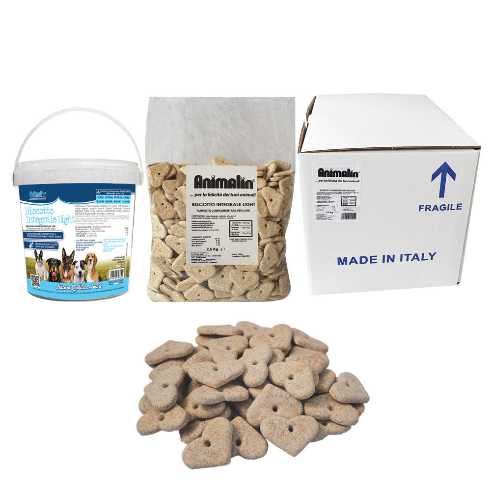 Biscotto integrale light per cani forma cuore, snack italiano leggero