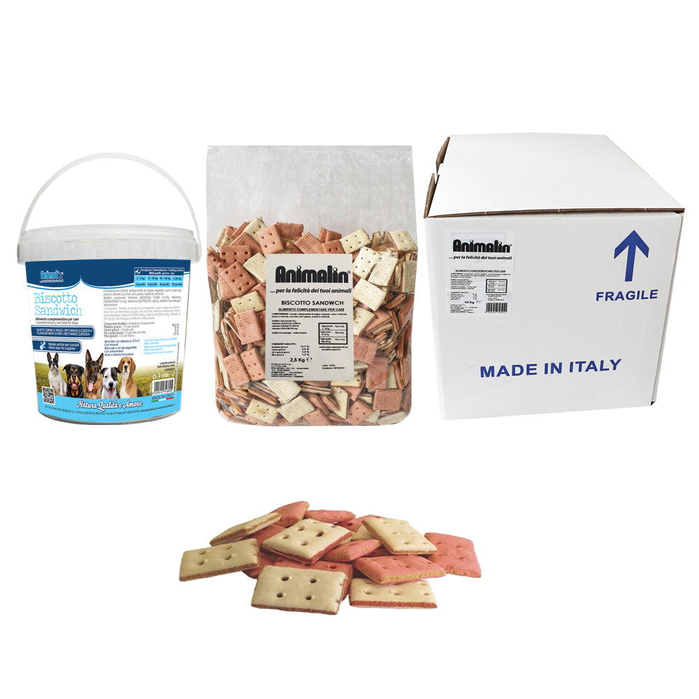 Biscotto sandwich per cani al gusto carne e pesce, forma rettangolare, snack naturale italiano