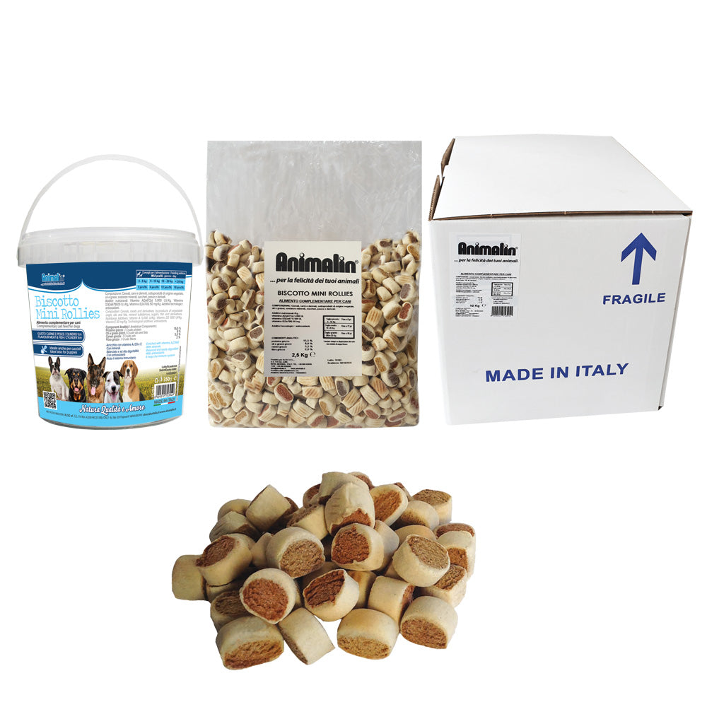 Biscotto Mini Rollies per cani, forma cilindrica 2 cm, gusto carne e pesce