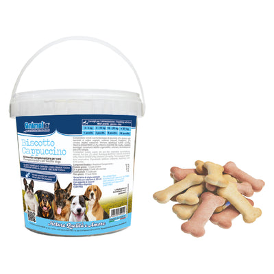 Biscotto per cani cappuccino con vaniglia e carruba, forma a osso, snack italiano