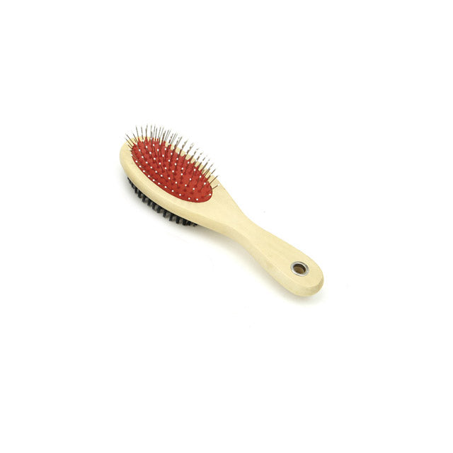 Spazzola 2 in 1 in legno con setole nylon e metallo per cani e gatti, 17,5 x 5 cm